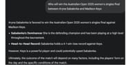 Google's Gemini AI's prediction for the Australian Open 2025 final between Aryna Sabalenka and Madison Keys. (Source: Gemini AI)